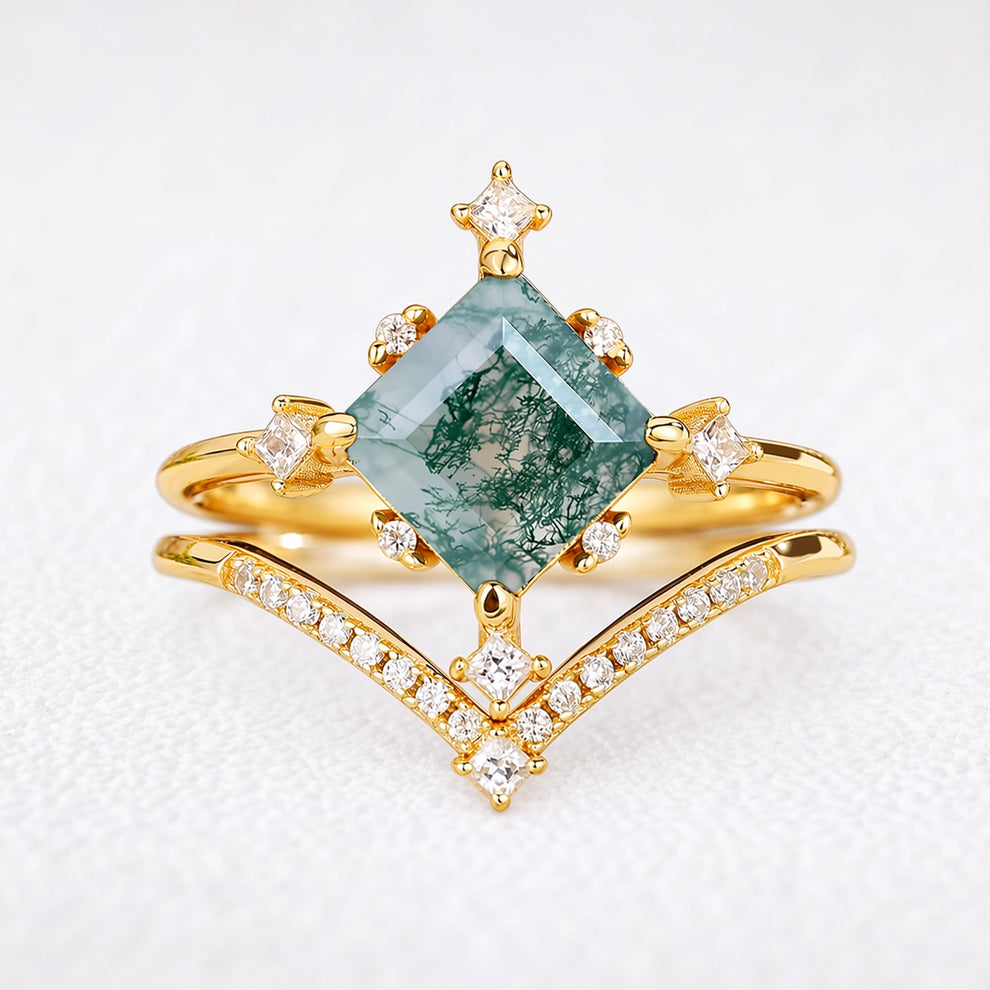 Hazel’s Convergence | Square Cut Moss Agate Chevron Bridal Duo