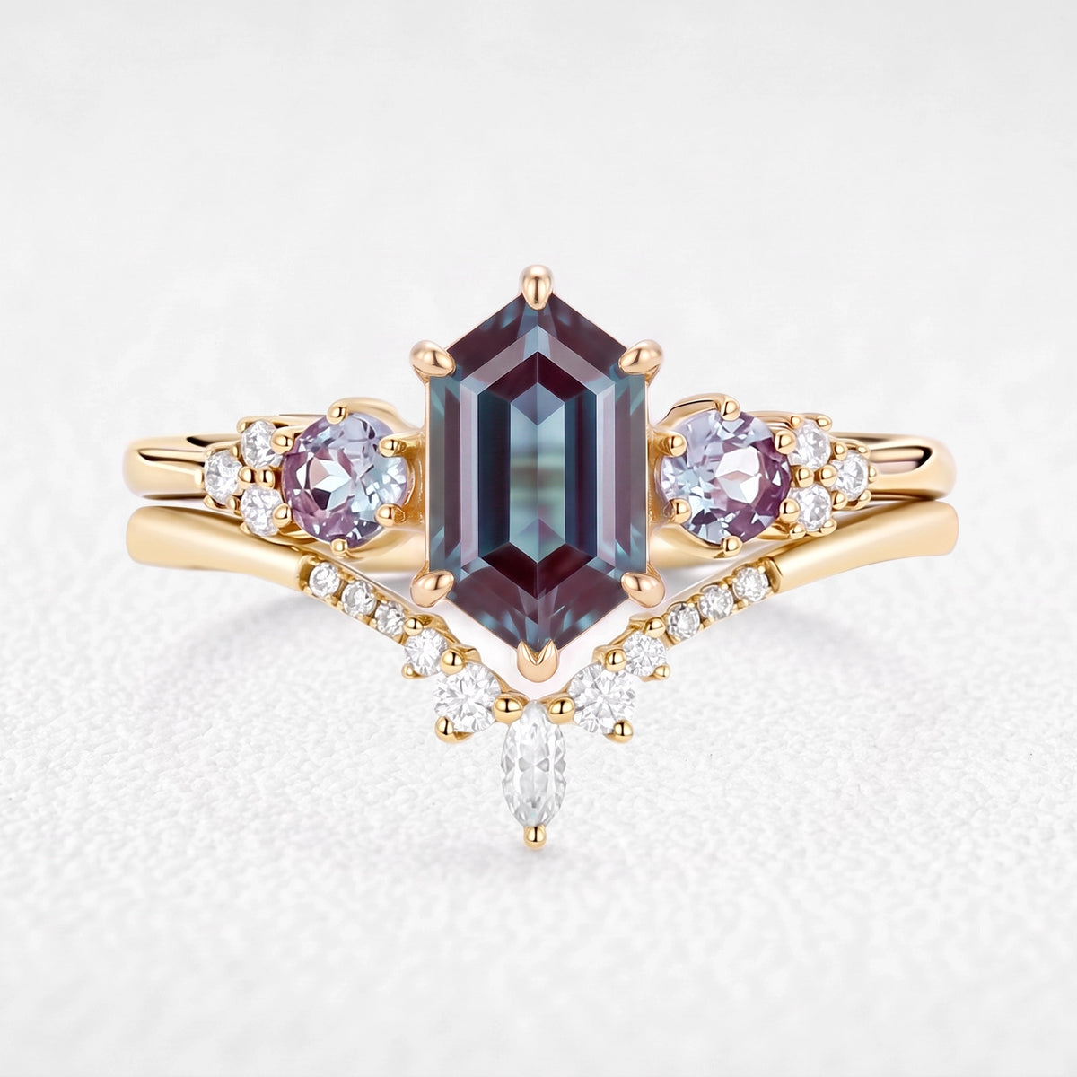 Sylvie’s Frond | Hexagon Cut Alexandrite Cluster Chevron Bridal Set 2pcs