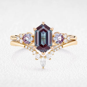 Sylvie’s Frond | Hexagon Cut Alexandrite Cluster Chevron Bridal Set 2pcs