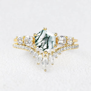 Genevieve’s Imprint | Hexagon Cut Moss Agate Cluster Bridal Duo