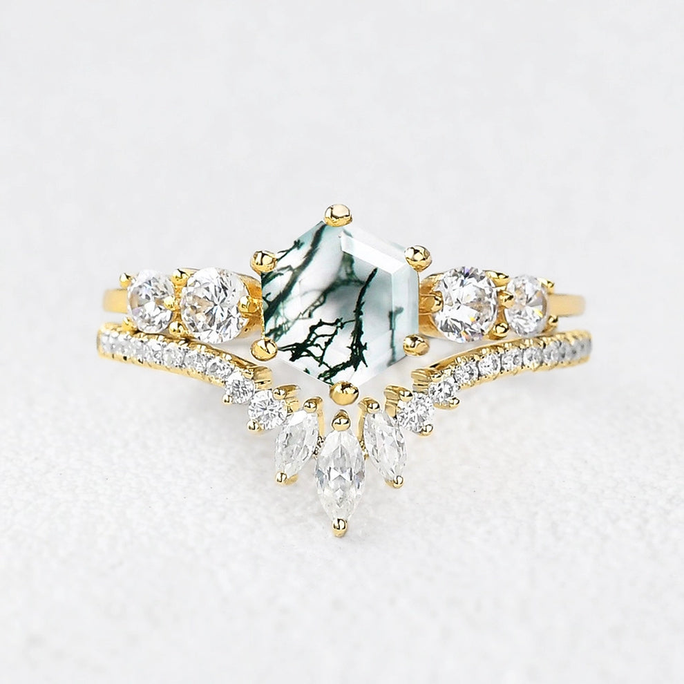 Genevieve’s Imprint | Hexagon Cut Moss Agate Cluster Bridal Duo