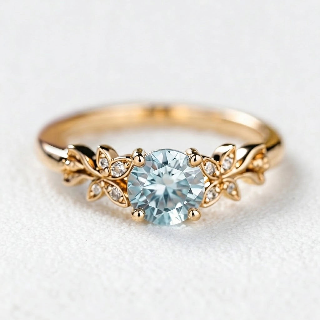 Marina’s Foliage | Round Blue Aquamarine Leafy Engagement Ring.