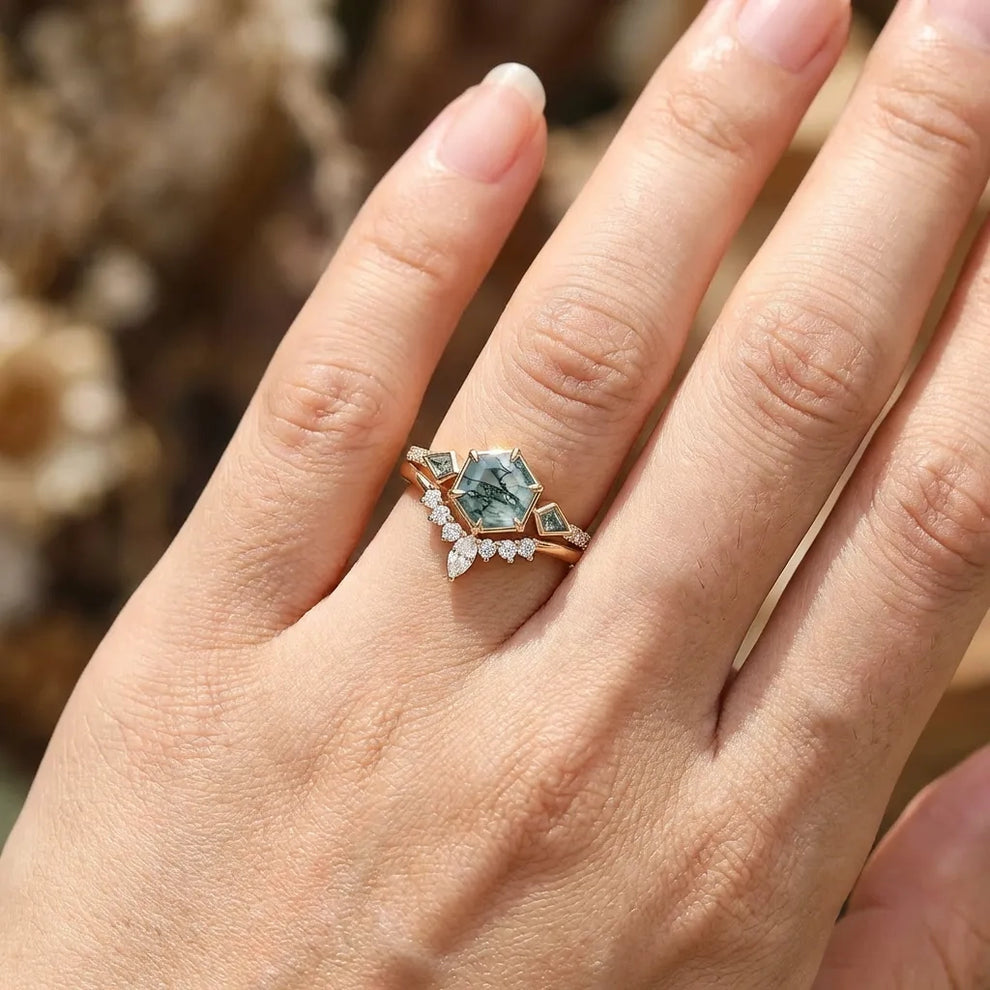 Linden’s Meadow |  Hexagon Moss Agate Three Stone Bridal Set 2pcs.