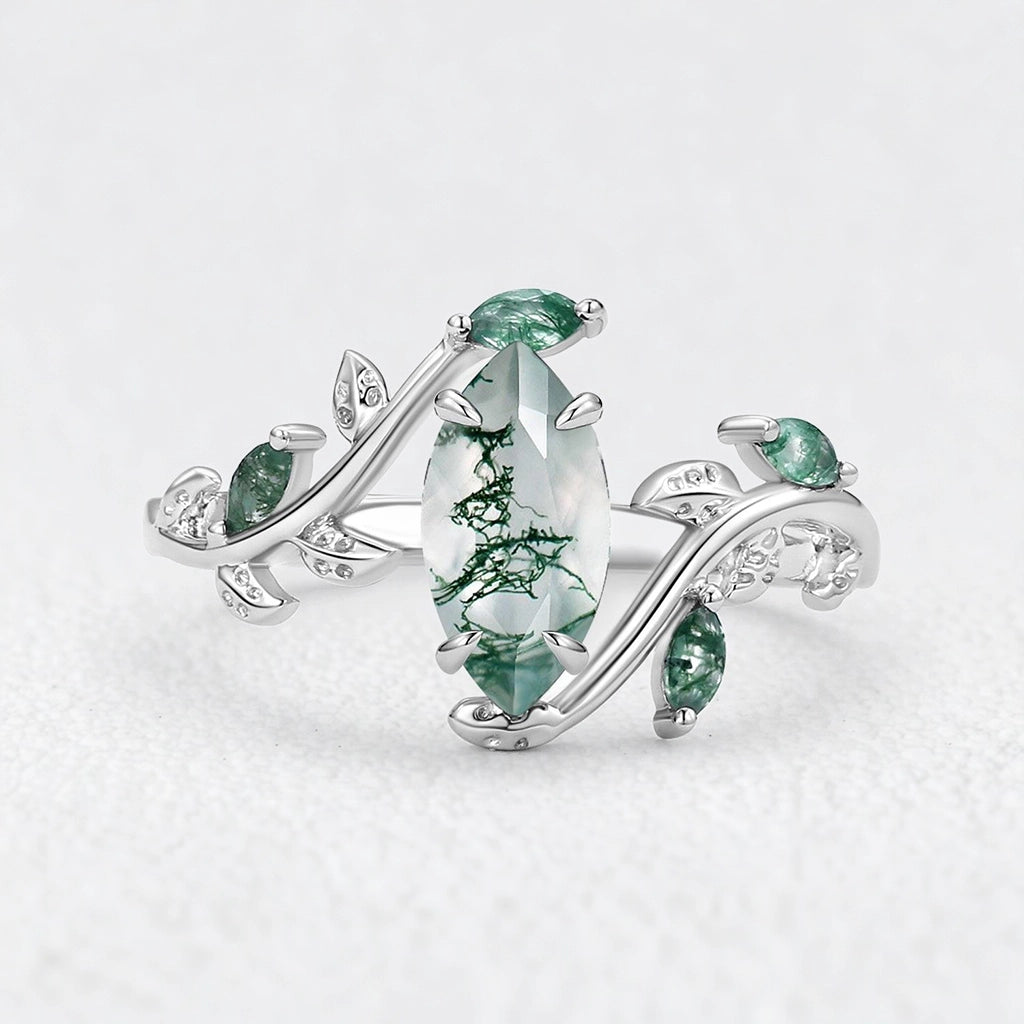 Isadora’s Garland | Vintage Marquise Moss Agate Engagement Ring