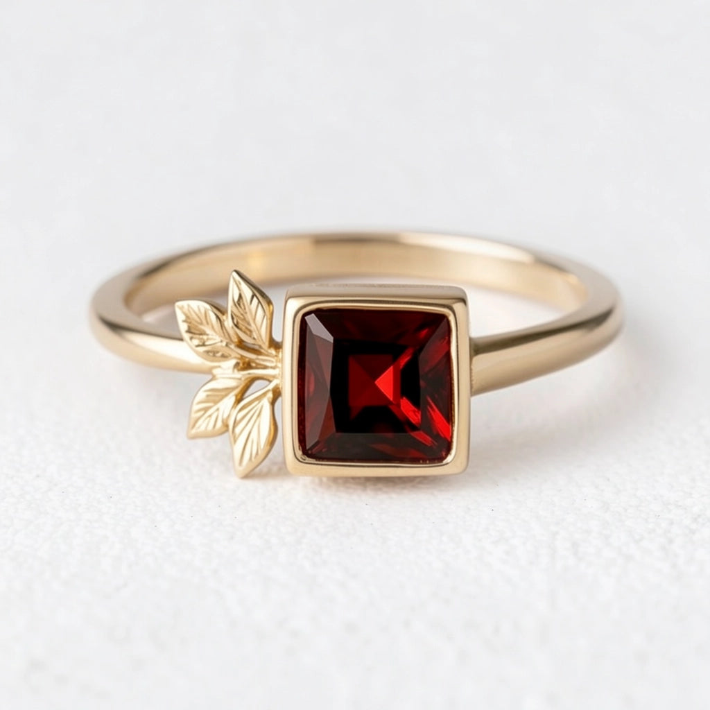 Rosalind’s Solace | Square Garnet Engagement Ring with Asymmetric Leaf.