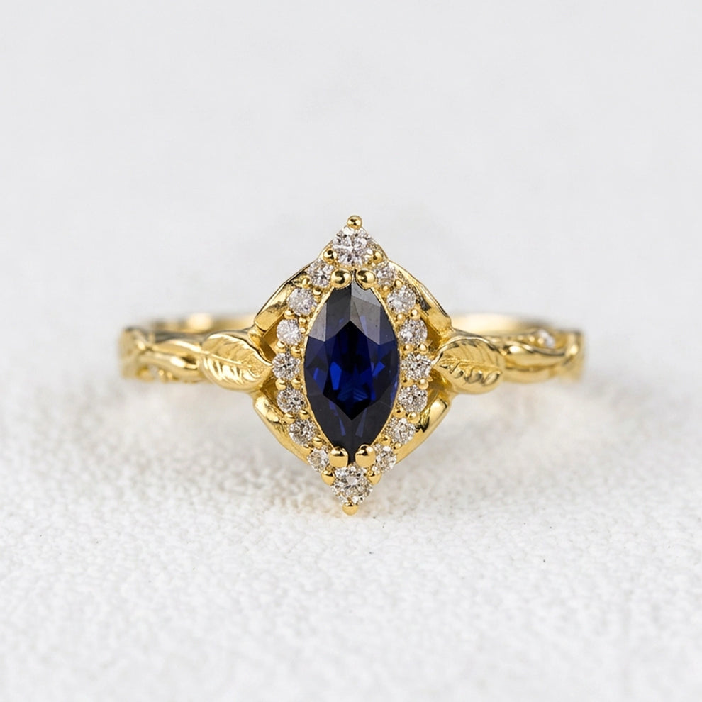 Victoria’s Diadem | Marquise Cut Sapphire & Diamond Halo Bridal Set 2pcs.
