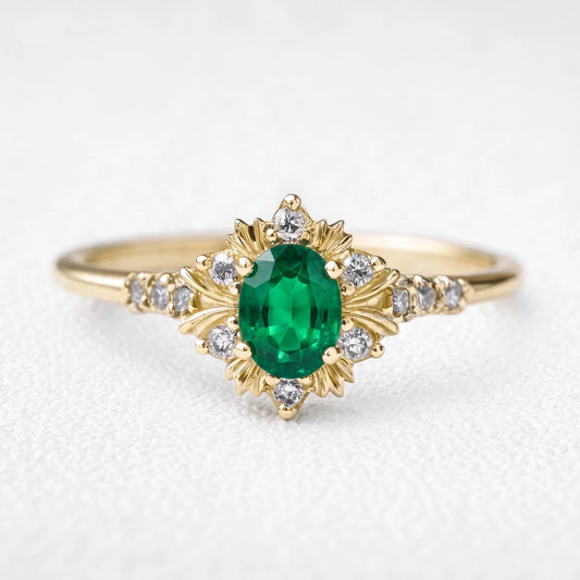 Alexandra’s Verdure | 1.5CT Vintage Oval Emerald Halo Engagement Ring