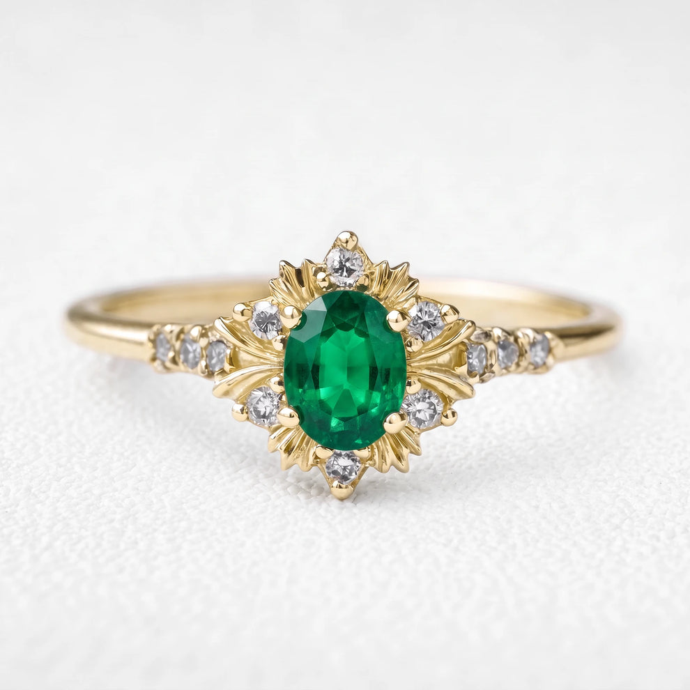 Alexandra’s Verdure | 1.5CT Vintage Oval Emerald Halo Engagement Ring