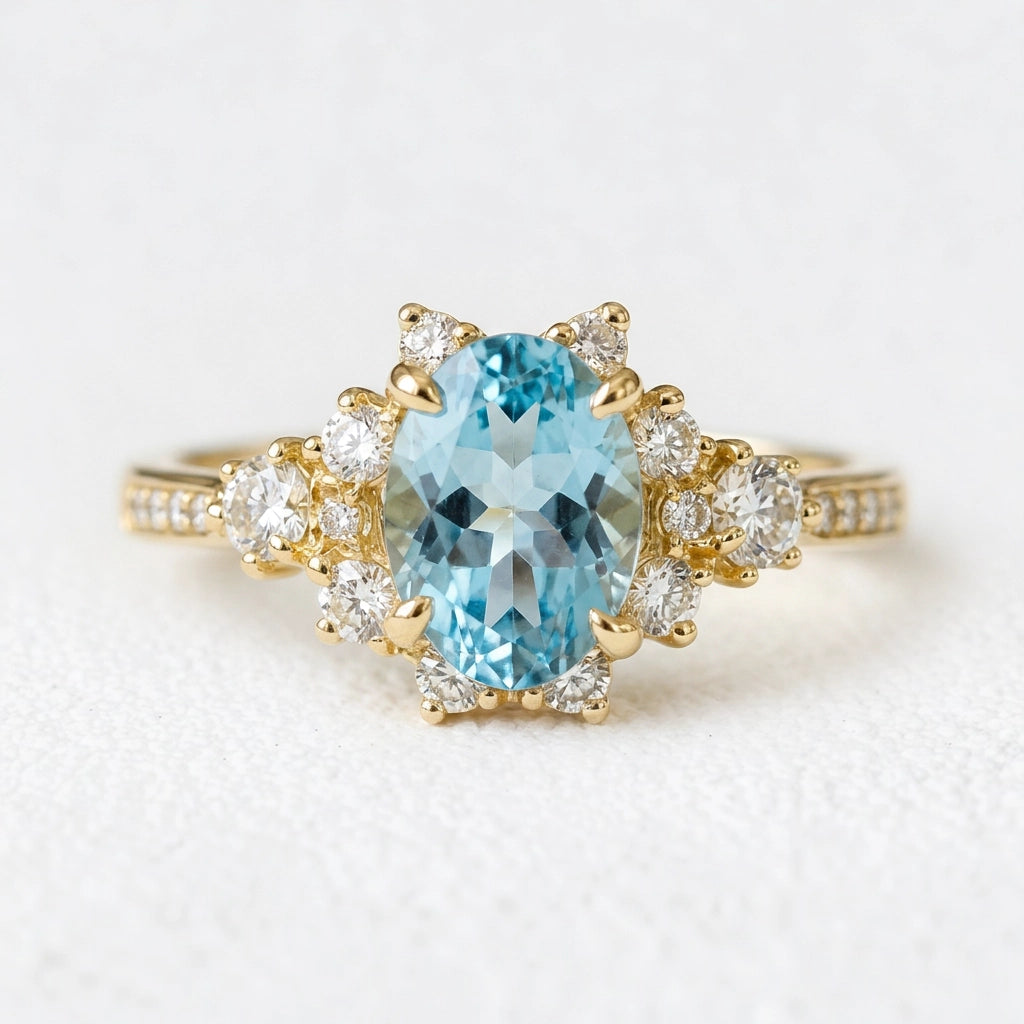 Aria‘s Bay | Oval Cut Blue Topaz Halo Engagement Ring.