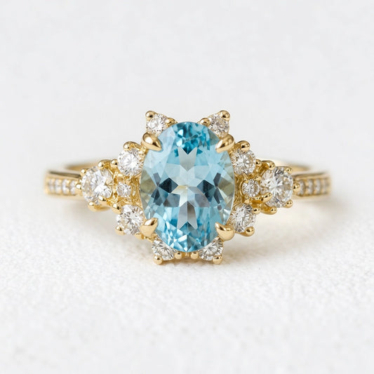 Aria‘s Bay | Oval Cut Blue Topaz Halo Engagement Ring.