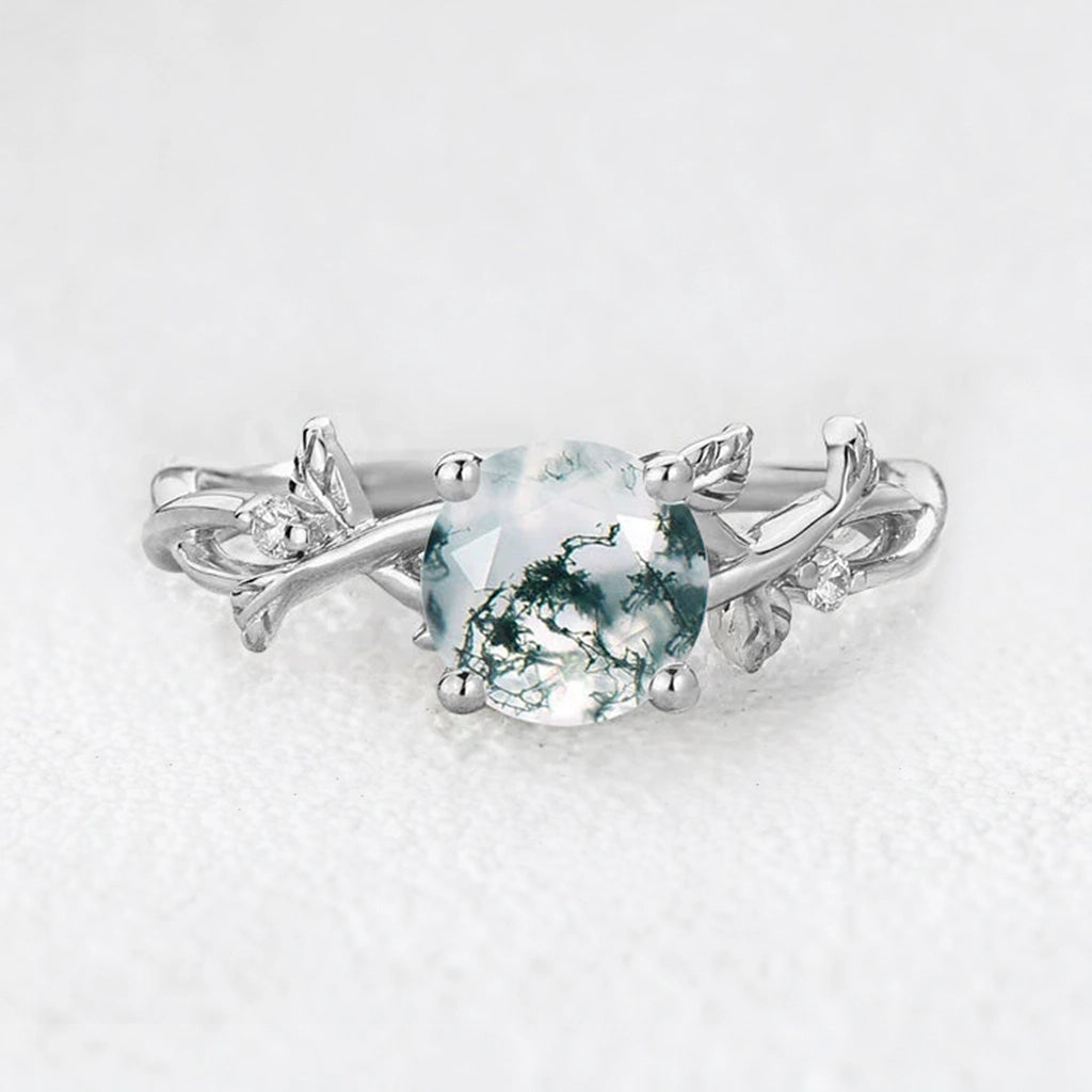 Mirabelle’s Tendril | Round Cut Moss Agate Leafy Engagement Ring.