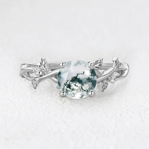 Mirabelle’s Tendril | Round Cut Moss Agate Leafy Engagement Ring.