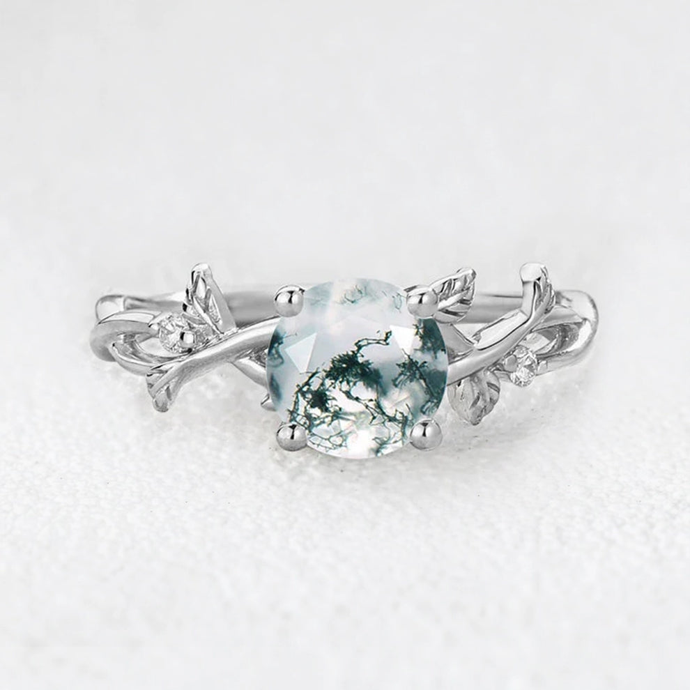 Mirabelle’s Tendril | Round Cut Moss Agate Leafy Engagement Ring.