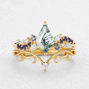 Sylvie’s Horizon | Kite Cut Moss Agate & Gradient Sapphire Bridal Set 2pcs.