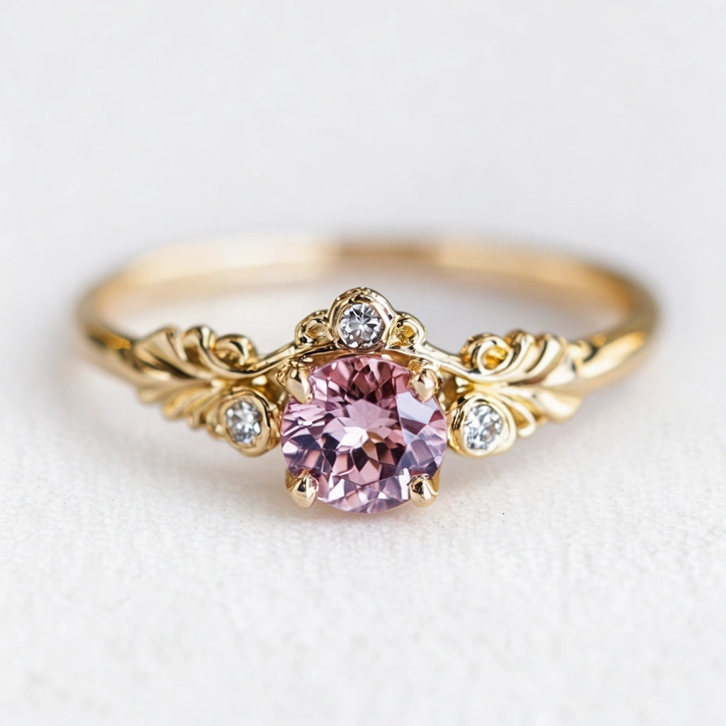 Aurelia’s Blossom | Round Rose Quartz Floral Halo Ring.