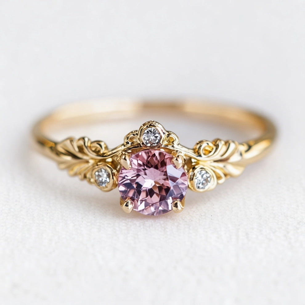 Aurelia’s Blossom | Round Rose Quartz Floral Halo Ring.