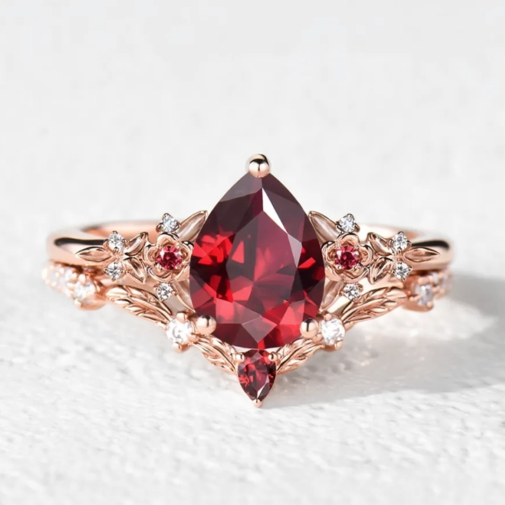 Scarlett’s Twig | Vintage Pear Red Ruby & Diamond Floral Bridal Set 2pcs.