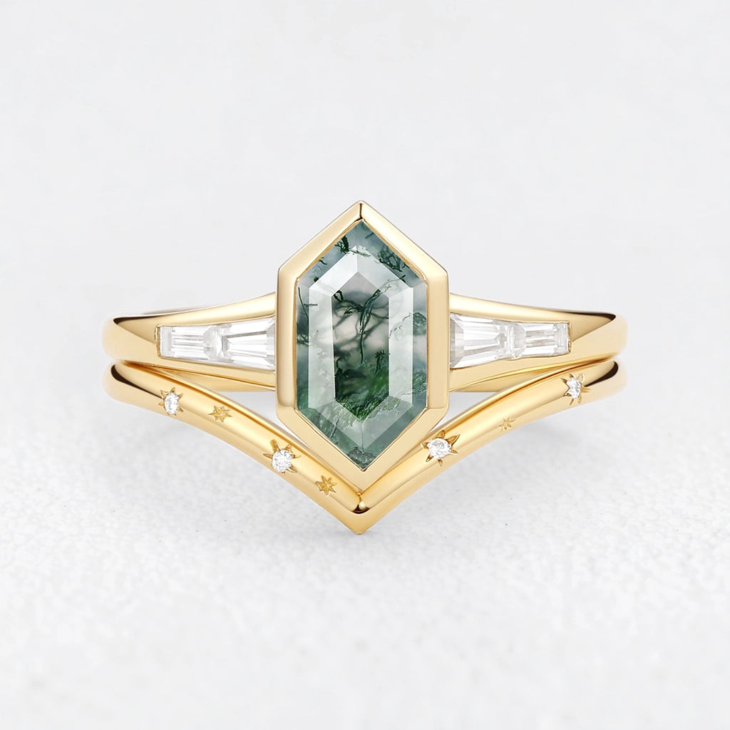 Long Hexagon Moss Agate Minimalist Bridal Ring Set 2pcs.