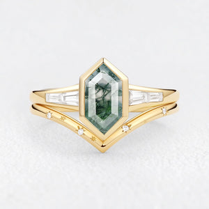 Long Hexagon Moss Agate Minimalist Bridal Ring Set 2pcs.