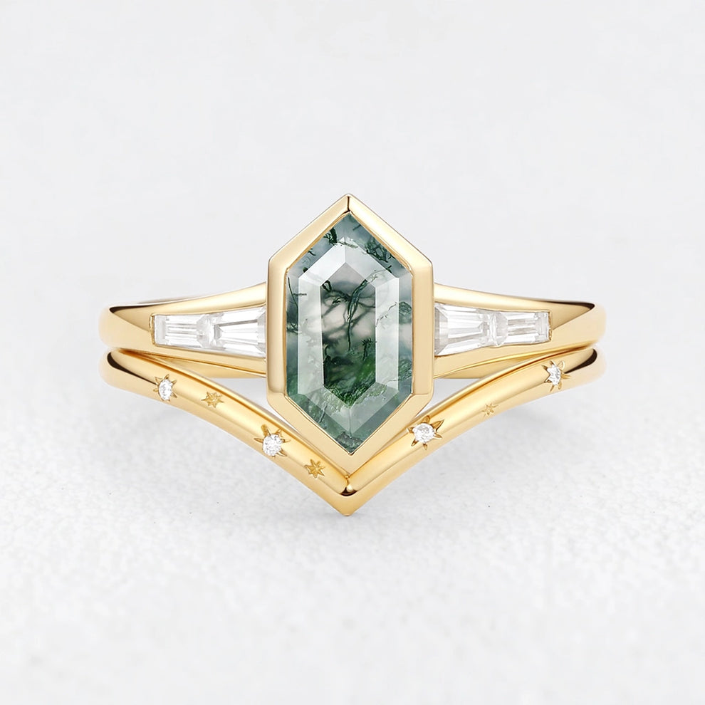 Long Hexagon Moss Agate Minimalist Bridal Ring Set 2pcs.