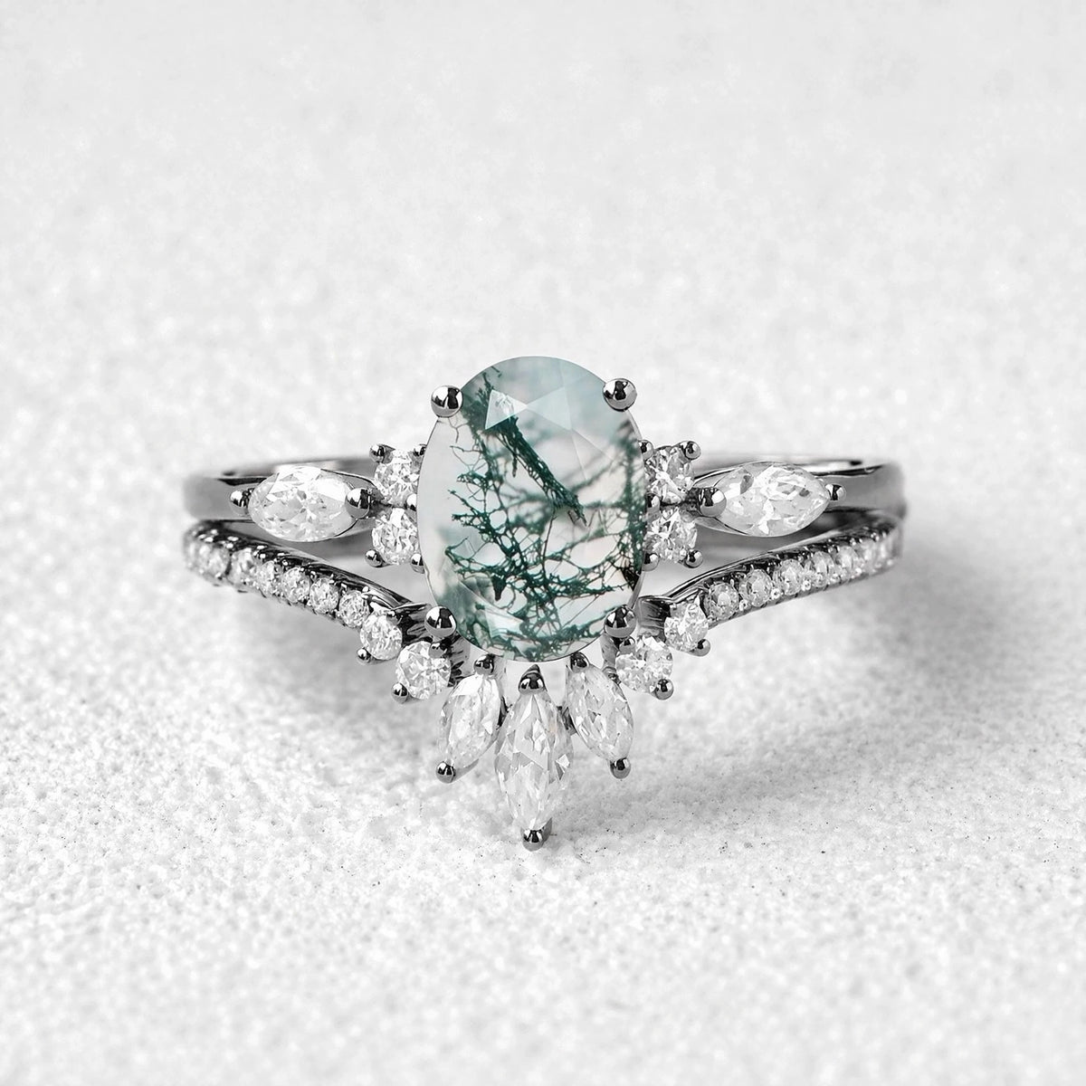 Elara’s Ellipse | Oval Cut Moss Agate Engagement Ring Set 2pcs.