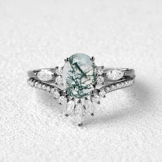 Elara’s Ellipse | Oval Cut Moss Agate Engagement Ring Set 2pcs.