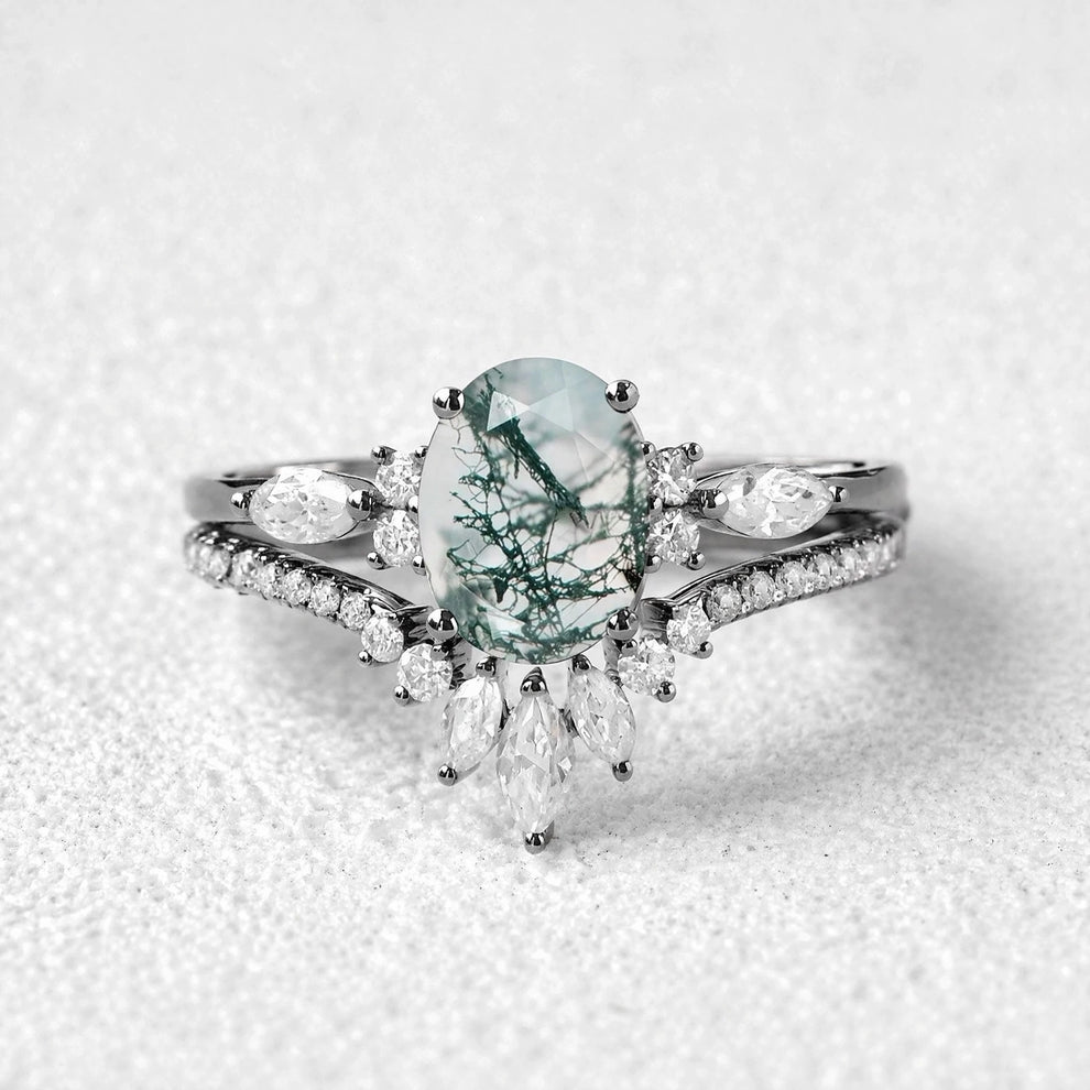 Elara’s Ellipse | Oval Cut Moss Agate Engagement Ring Set 2pcs.