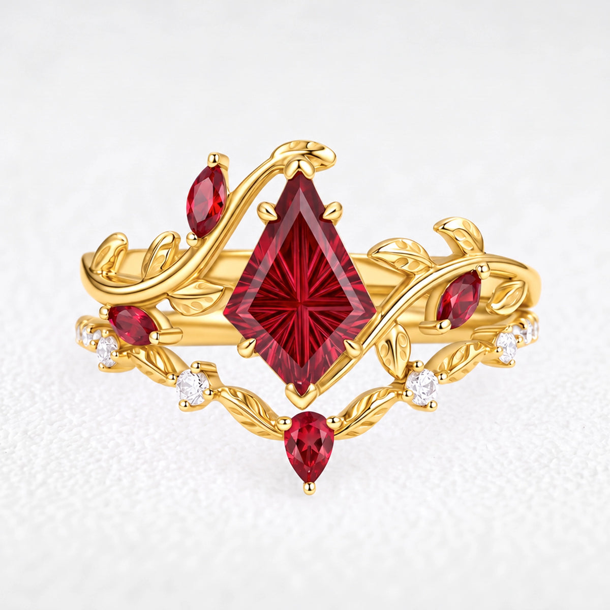 Titania’s Velvet | Kite Fantasy-Cut Ruby Foliage Bridal Duo