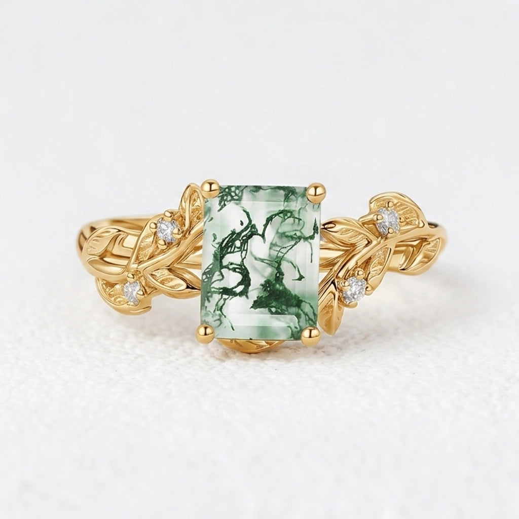 Celandine’s Lattice | Emerald Cut Moss Agate Leafy Engagement Ring.