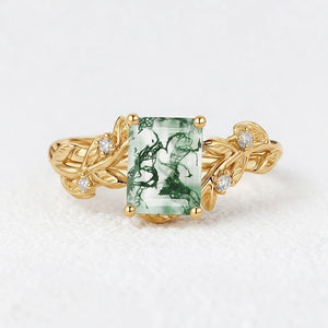 Celandine’s Lattice | Emerald Cut Moss Agate Leafy Engagement Ring