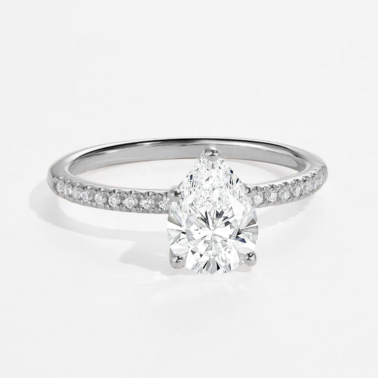 Classic 1.5ct Pear Shaped Moissanite Pave Solitaire Ring.