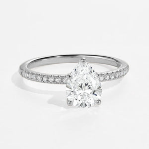 Classic 1.5ct Pear Shaped Moissanite Pave Solitaire Ring.