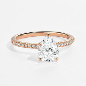 Classic 1.5ct Pear Shaped Moissanite Pave Solitaire Ring.