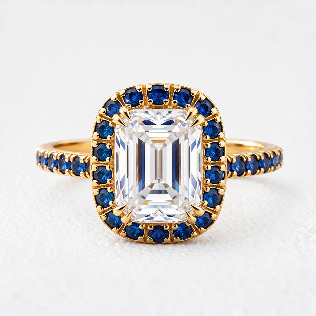 Aurora’s Gleam | 2CT Emerald Cut Halo Moissanite Ring