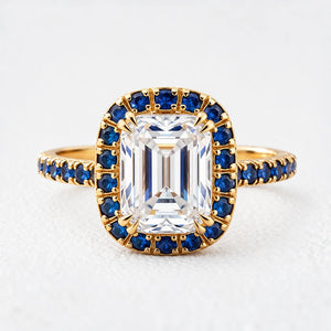 Aurora’s Gleam | 2CT Emerald Cut Halo Moissanite Ring