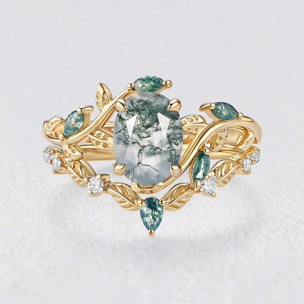 Daphne’s Vine | Oval Moss Agate Engagement Ring Set 2pcs.