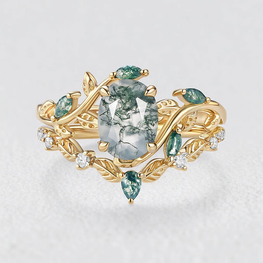Daphne’s Vine | Oval Moss Agate Engagement Ring Set 2pcs.