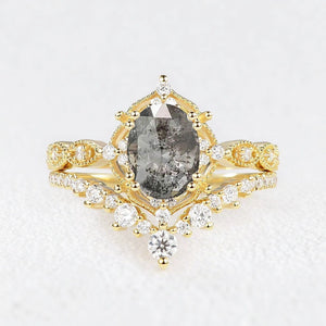 Charlotte’s Grace | 1.5CT Oval Salt & Pepper Diamond Vintage Bridal Set 2pcs