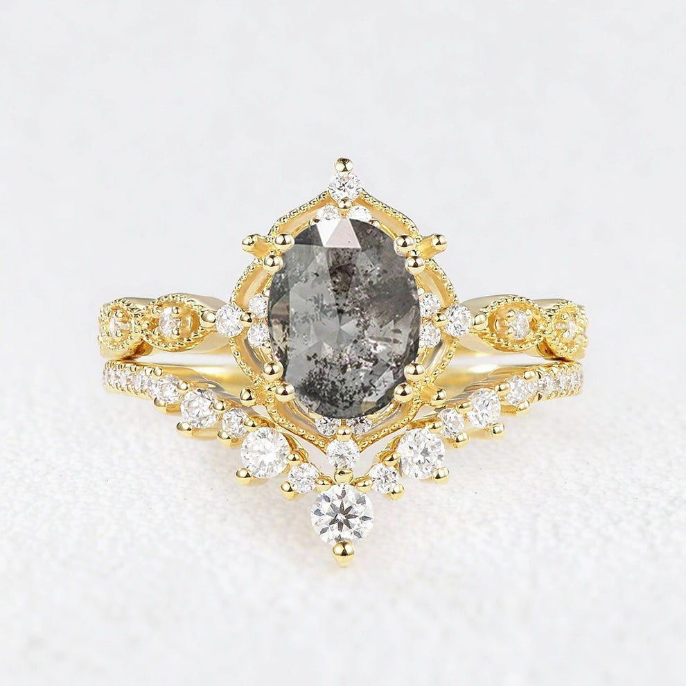 Charlotte’s Grace | 1.5CT Oval Salt & Pepper Diamond Vintage Bridal Set 2pcs