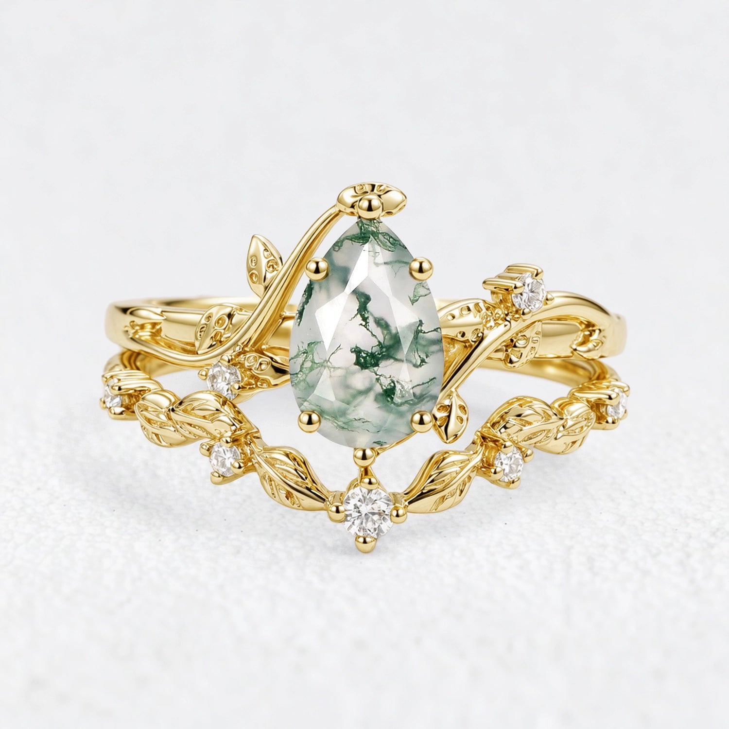 Hazel‘s Tangle | Pear Cut Moss Agate Vine Bridal Duo