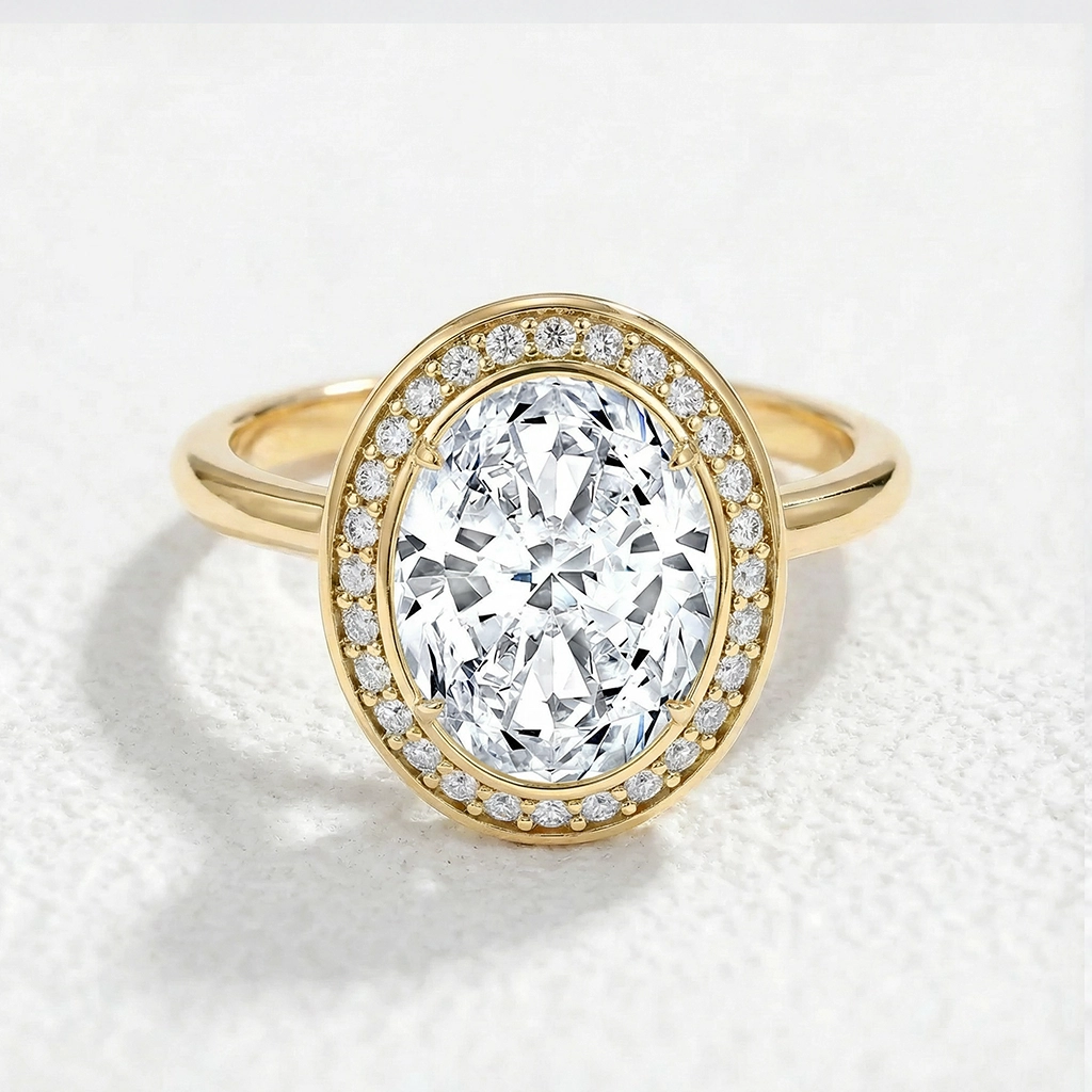 Astra‘s Radiance | 3CT Oval Moissanite Halo Ring.