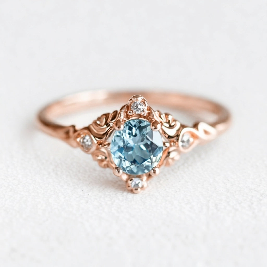 Marina’s Lace | Round Aquamarine Engagement Ring with Filigree Setting.