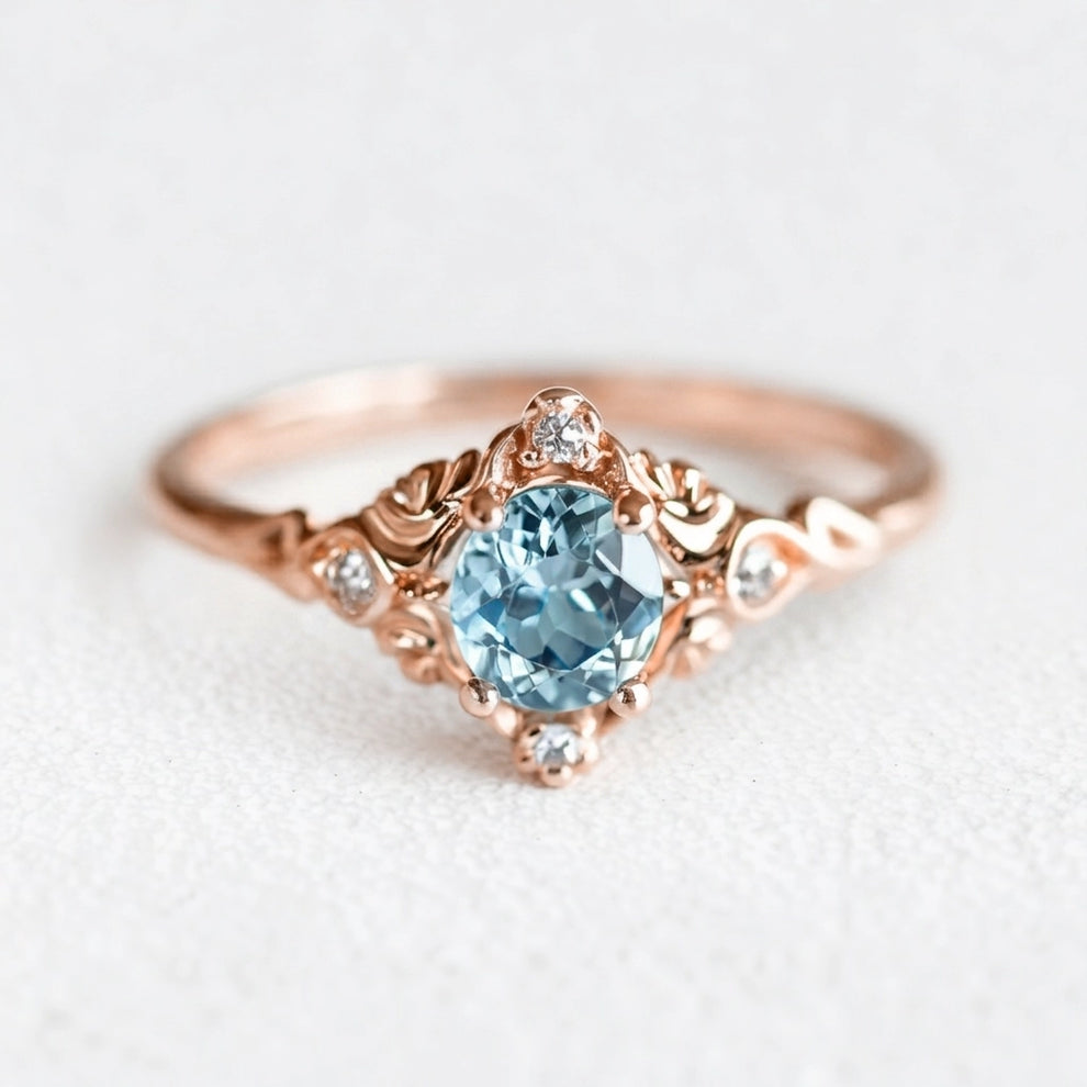 Marina’s Lace | Round Aquamarine Engagement Ring with Filigree Setting.