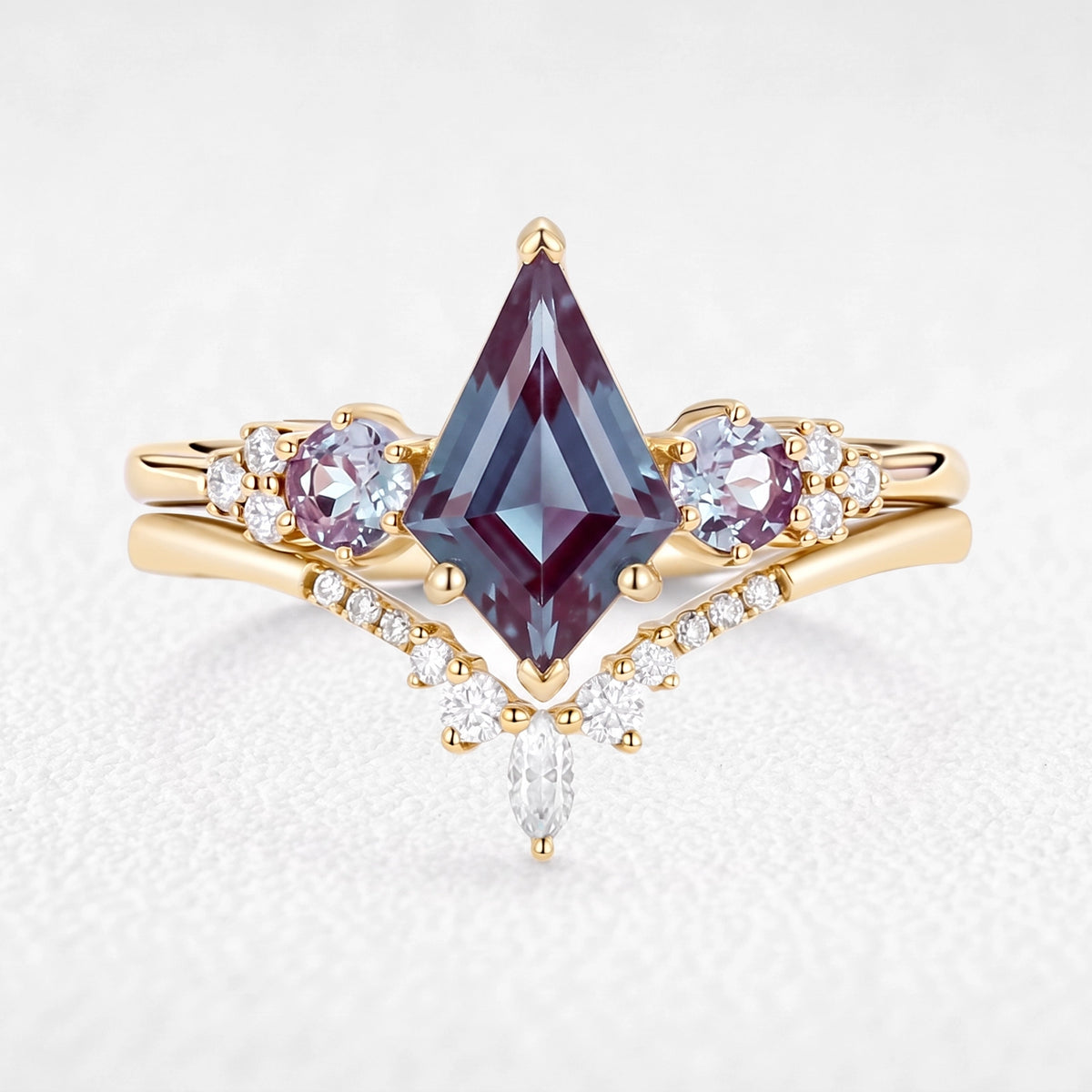 Sylvie’s Frond | Kite Cut Alexandrite Cluster Chevron Bridal Set 2pcs