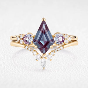 Sylvie’s Frond | Kite Cut Alexandrite Cluster Chevron Bridal Set 2pcs