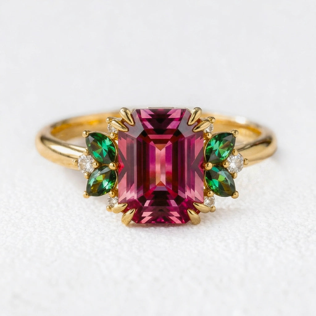 Scarlett’s Ode | 3CT Emerald Cut Ruby Halo Engagement Ring