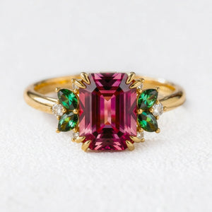 Scarlett’s Ode | 3CT Emerald Cut Ruby Halo Engagement Ring