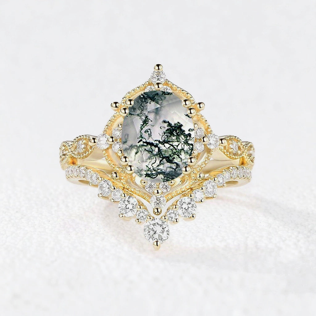 Charlotte’s Heritage | 2CT Vintage Oval Moss Agate Grand Bridal Set 2pcs