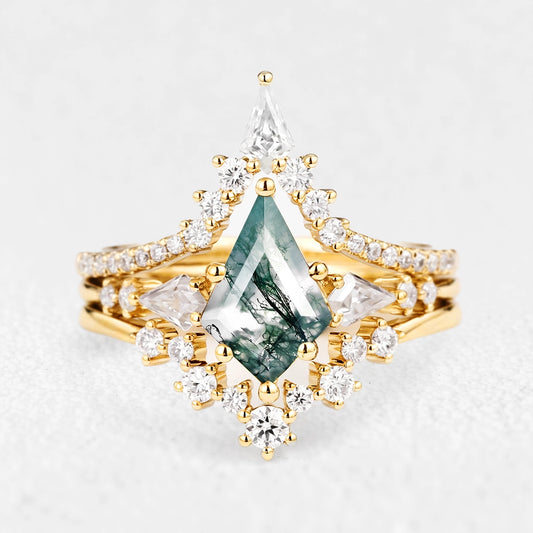 Tyler Twin Flames Kite Cut Moss Agate Engagement Ring Set 3pcs