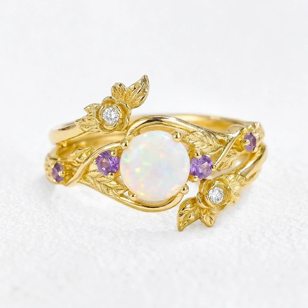 Rose’s Blossom | Round Opal & Amethyst Bridal Ring Set 2pcs